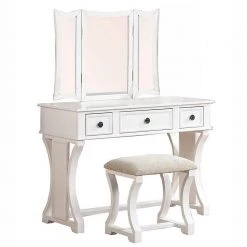 Modish White Wooden Vanity Set Featuring Stool and Mirror by Benjara
