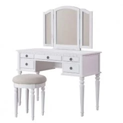 White with Stool Wooden Vanity Set by Benjara