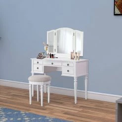 White with Stool Wooden Vanity Set by Benjara -Cheap Benjara Store white benjara makeup vanities bm171346 c3 1000