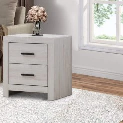 2-Drawer White Nightstand with Metal Bar Pulls 23.5 in. H x 21.75 in. W x 16.25 in. L by Benjara -Cheap Benjara Store white benjara nightstands bm242652 31 1000