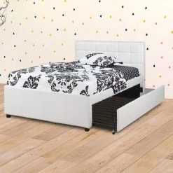 Gracious White with Trundle and SQU Tufted HB Wooden Full Bed 55 in. L x 77 in. W x 41 in. H by Benjara -Cheap Benjara Store white benjara platform beds bm168403 31 1000