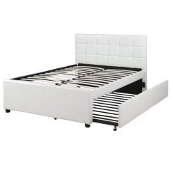 Gracious White with Trundle and SQU Tufted HB Wooden Full Bed 55 in. L x 77 in. W x 41 in. H by Benjara