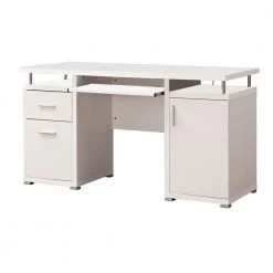 55 in. Rectangular White Wooden 2-Drawer Writing Desk with Keyboard Tray by Benjara