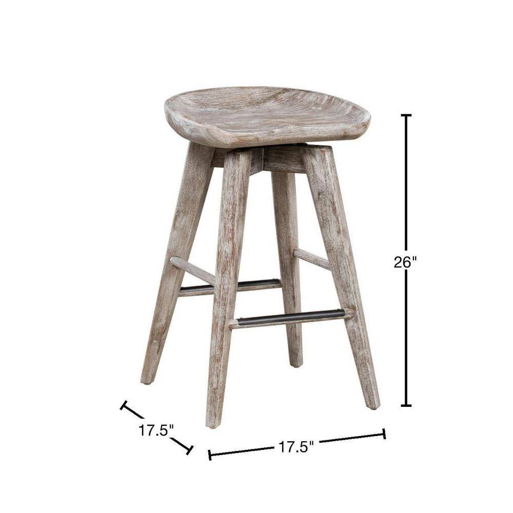 26 in. Wire Brushed White Wood Backless Swivel Counter Stool with Contour Seat by Benjara 3 26 in. Wire Brushed White Wood Backless Swivel Counter Stool with Contour Seat by Benjara - Image 3