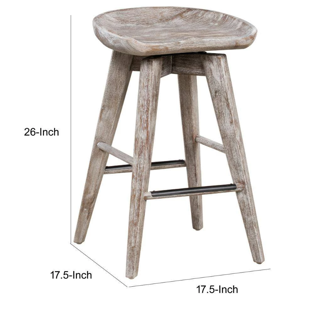 26 in. Wire Brushed White Wood Backless Swivel Counter Stool with Contour Seat by Benjara 6 26 in. Wire Brushed White Wood Backless Swivel Counter Stool with Contour Seat by Benjara - Image 6