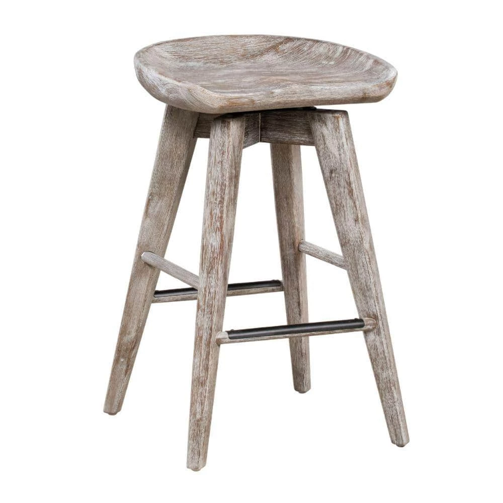 26 in. Wire Brushed White Wood Backless Swivel Counter Stool with Contour Seat by Benjara 1 26 in. Wire Brushed White Wood Backless Swivel Counter Stool with Contour Seat by Benjara