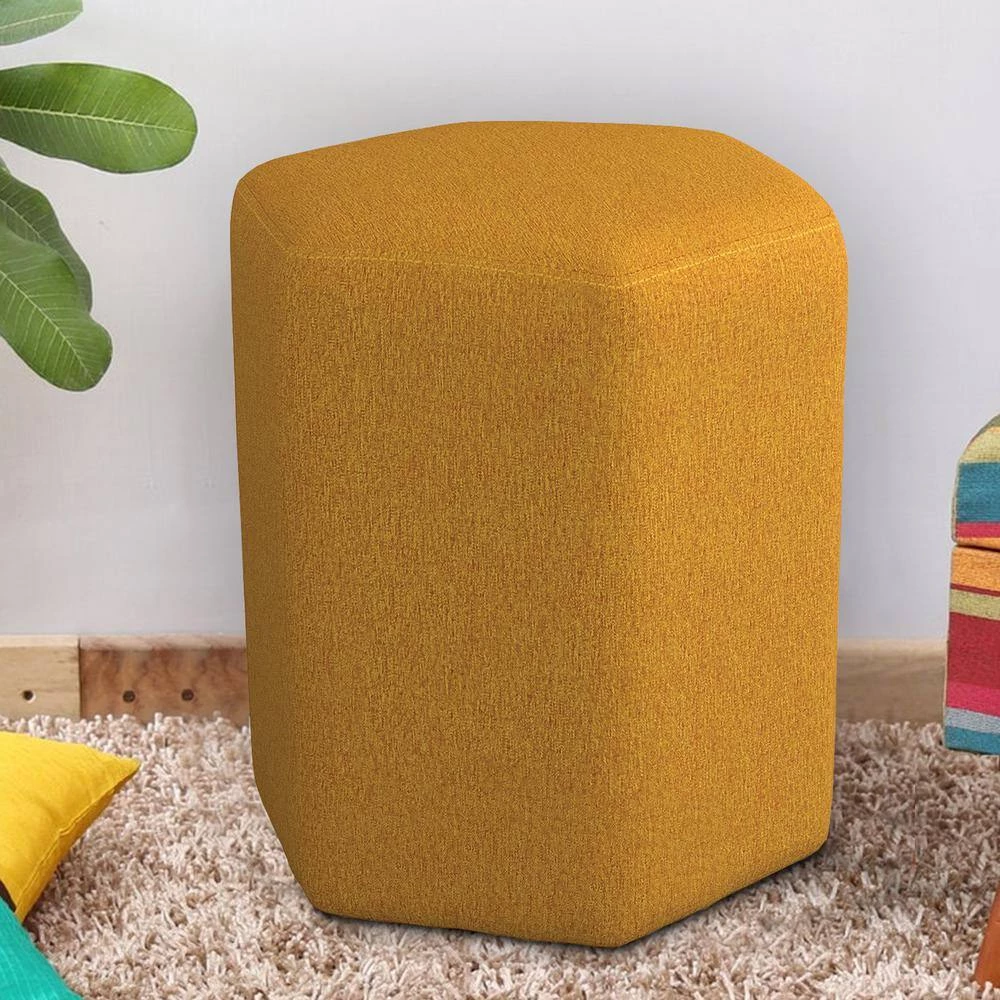 18 in. Yellow Backless Wooden Frame Stool with Hexagonal Shape and Fabric Upholstery by Benjara 5 18 in. Yellow Backless Wooden Frame Stool with Hexagonal Shape and Fabric Upholstery by Benjara - Image 5